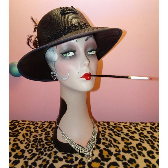 Vintage Black Church Hat with beads sequins feathers & flower goth pinup retro